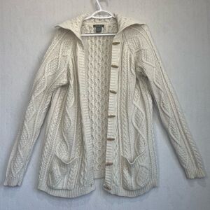Eddie Bauer Women's Fishermans Ivory Wool Cable Knit Sweater Cardigan Sz L